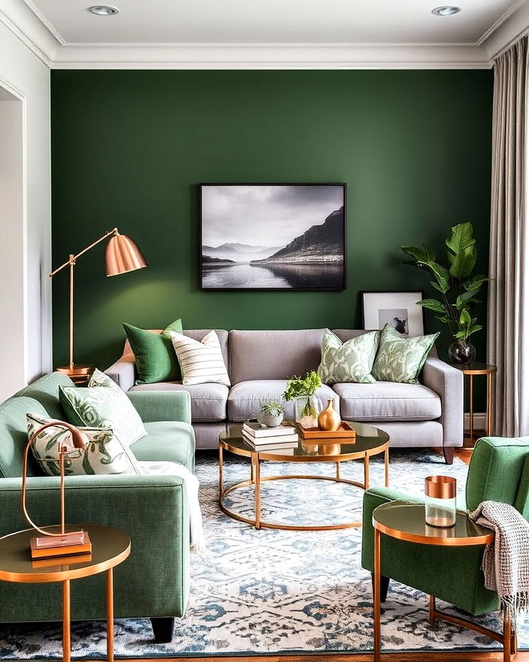 green and grey living room with mixed metals