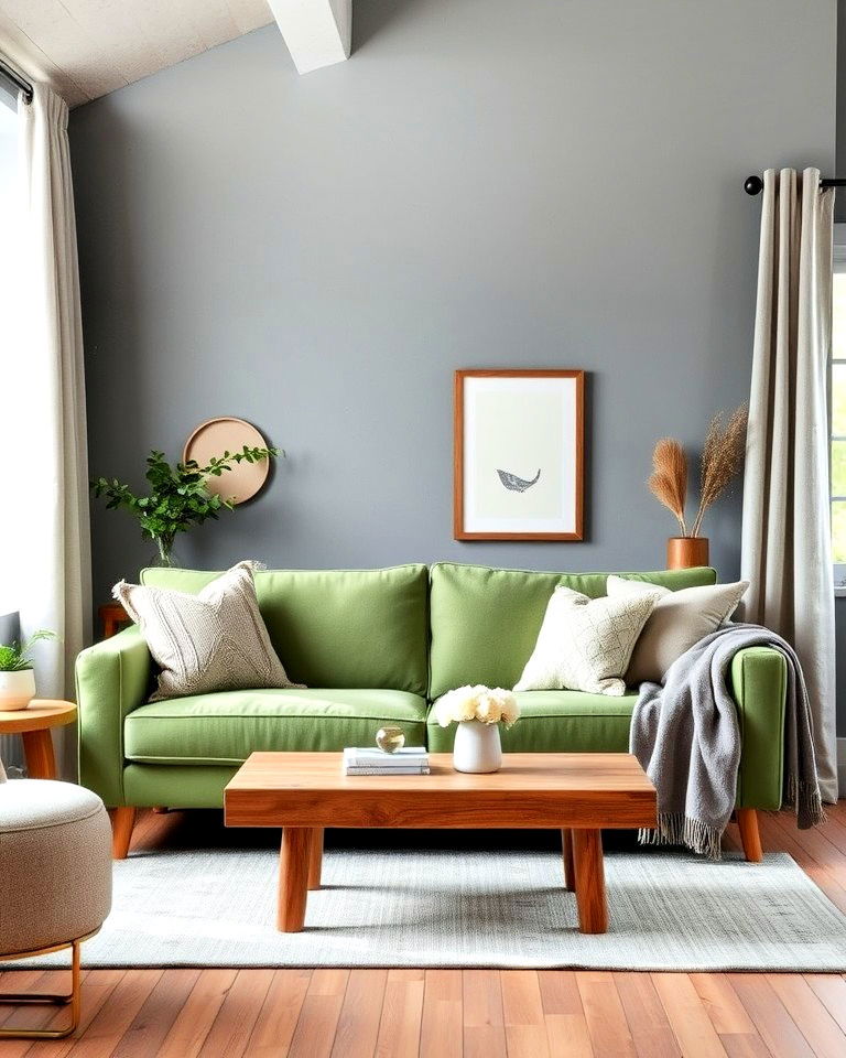 green and grey living room with rustic wood accents