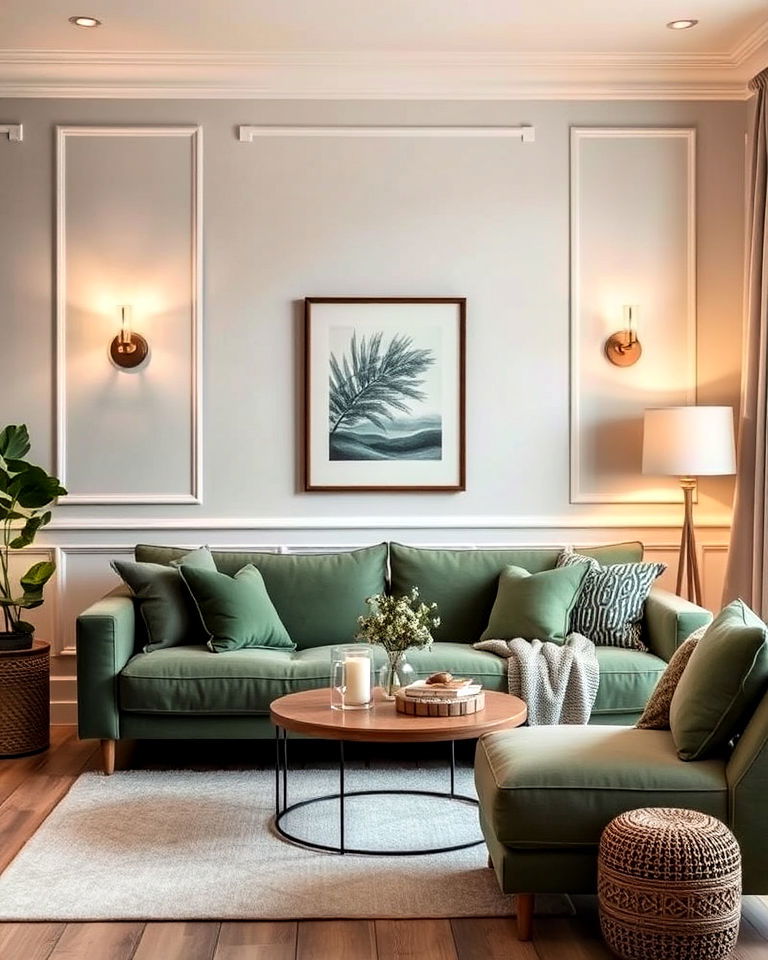 green and grey living room with soft lighting