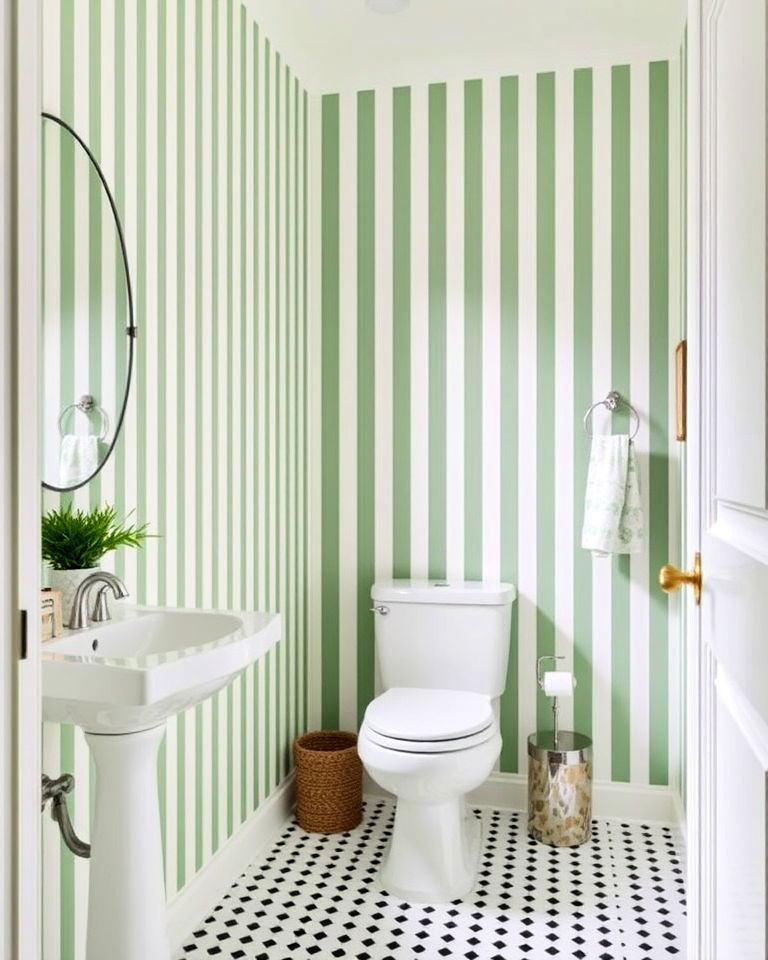 green and white striped walls for small bathroom