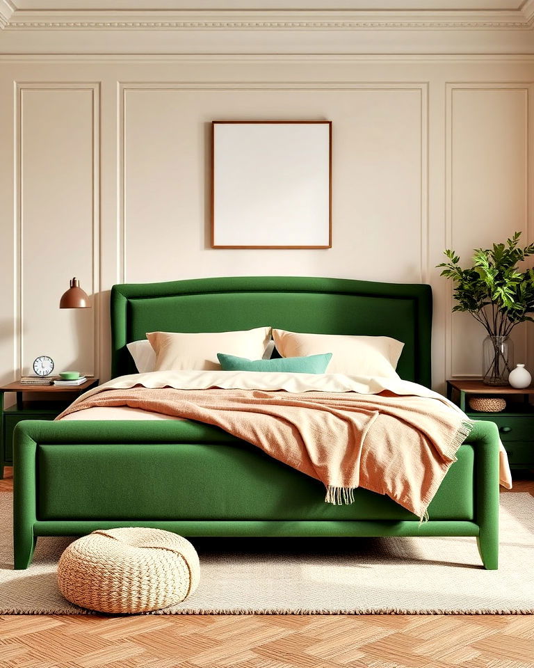 green bed frame with beige bedding