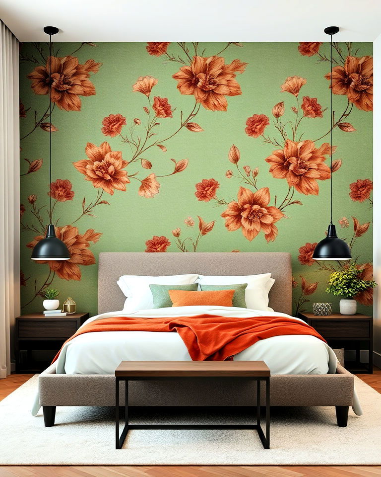 green bedroom wallpaper with brown floral details