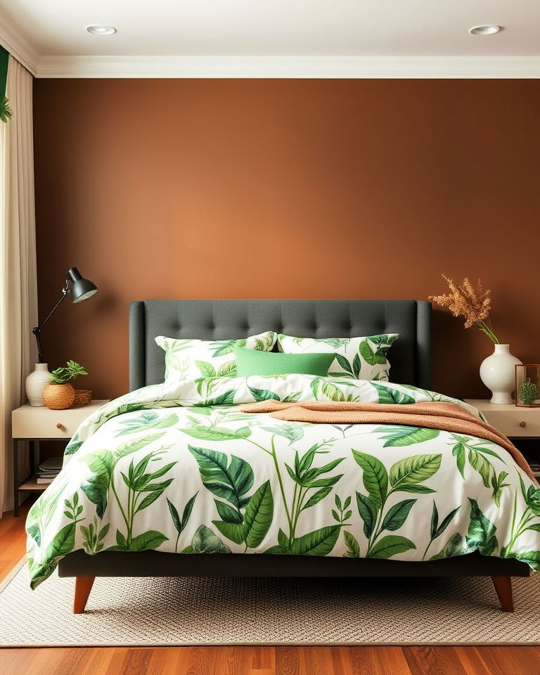 green botanical print bedding with brown wall