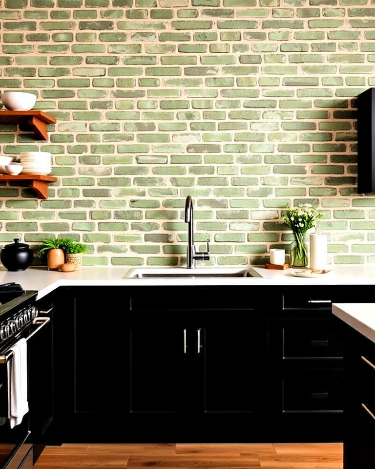 green brick wall with black cabinets for kitchen