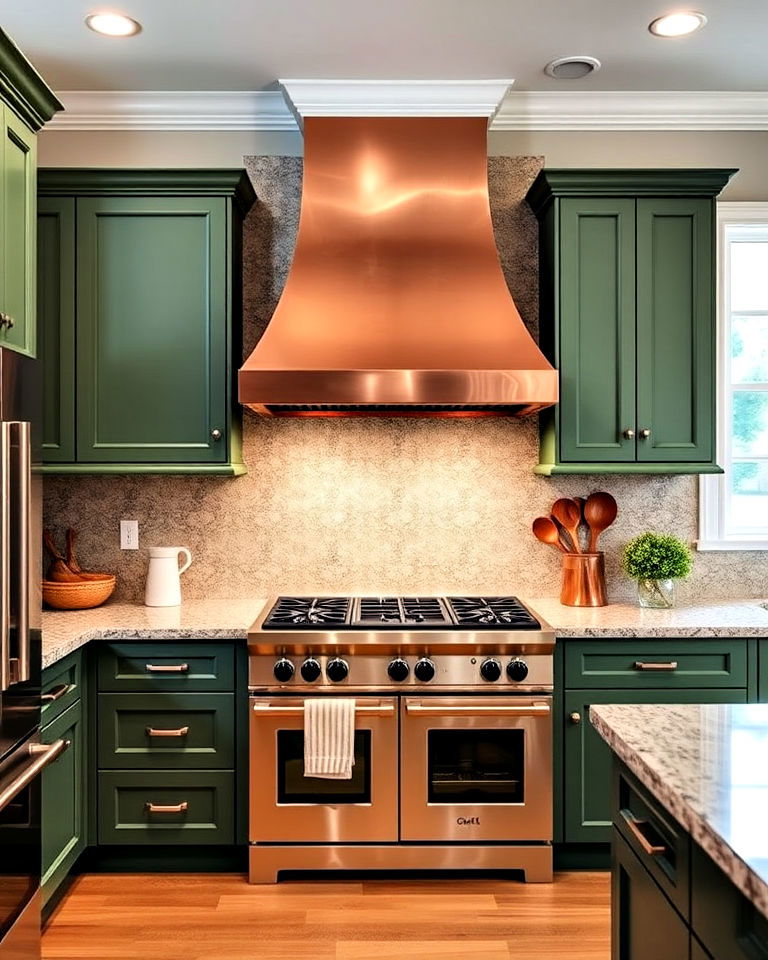 green cabinets with copper range hood