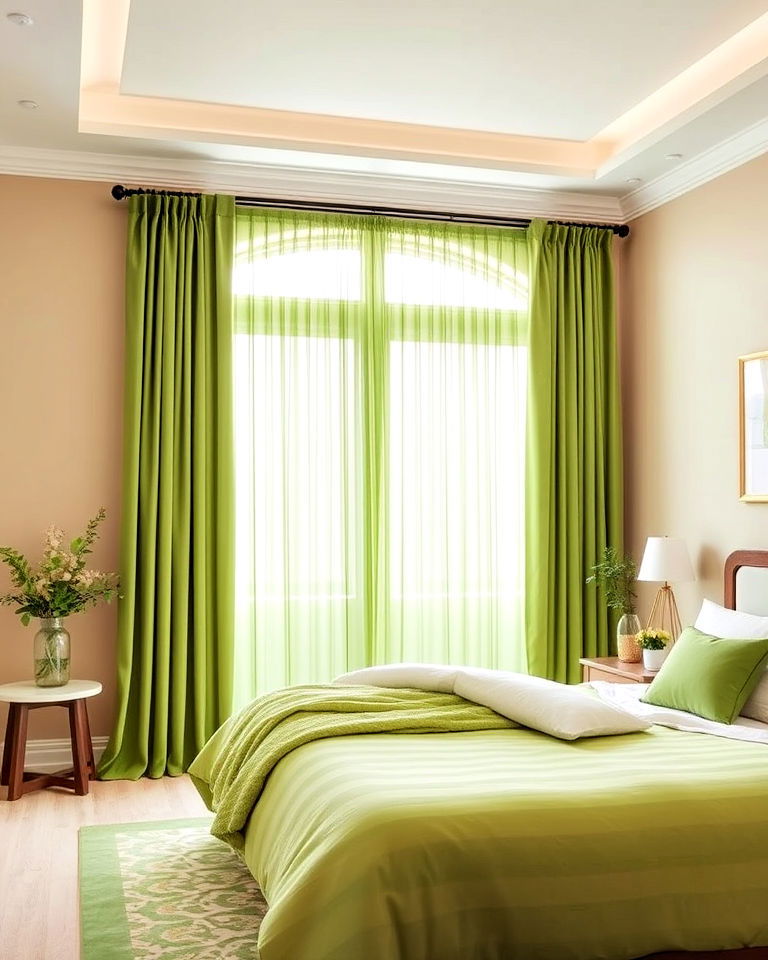 green curtains with beige walls for bedroom