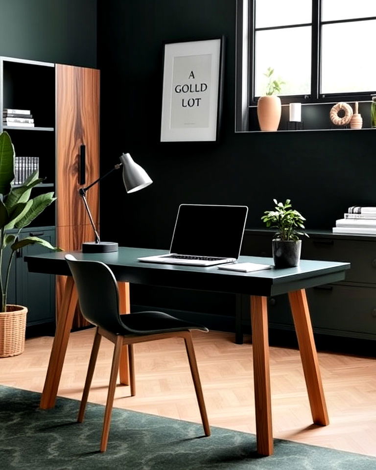 green desk with wooden accents