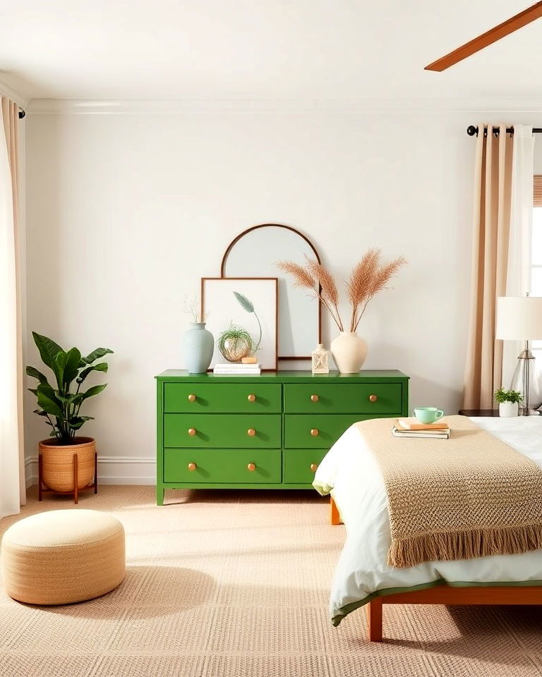 green dresser with beige decor