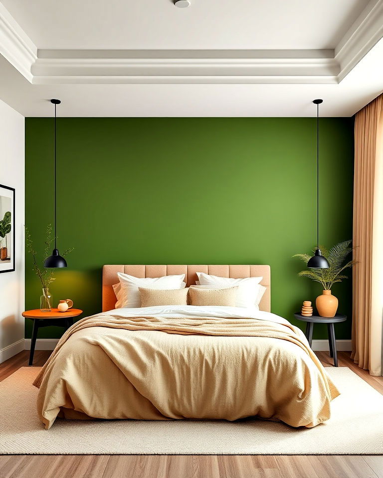 green feature wall with beige decor in bedroom