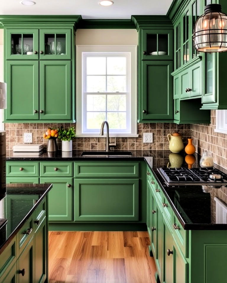 green kitchen cabinets with black granite countertops