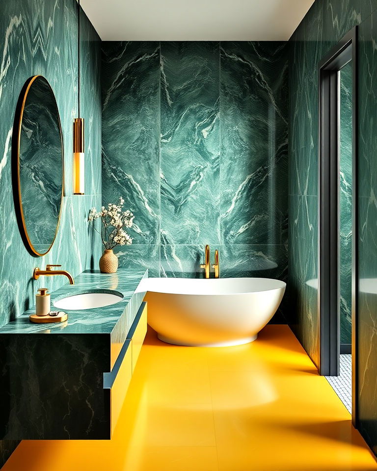 green marble accents with yellow flooring