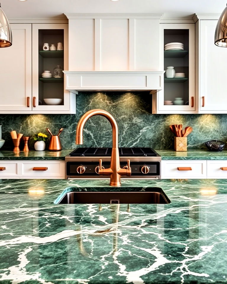 green marble countertops with copper accents