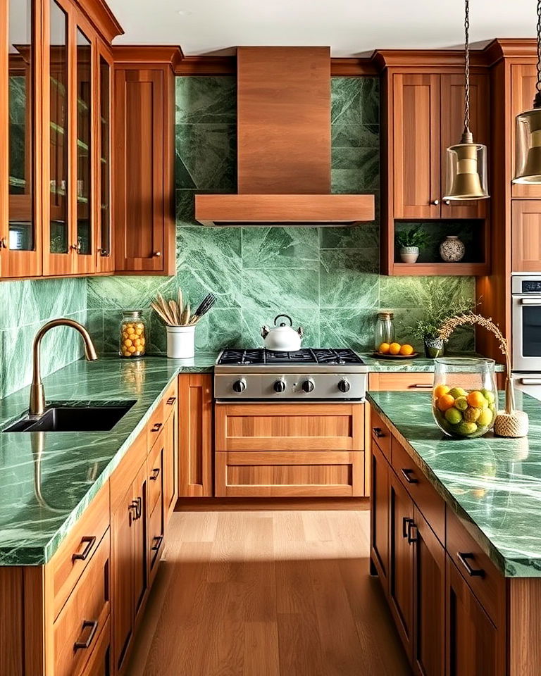 green marble countertops with wooden cabinets for kitchen