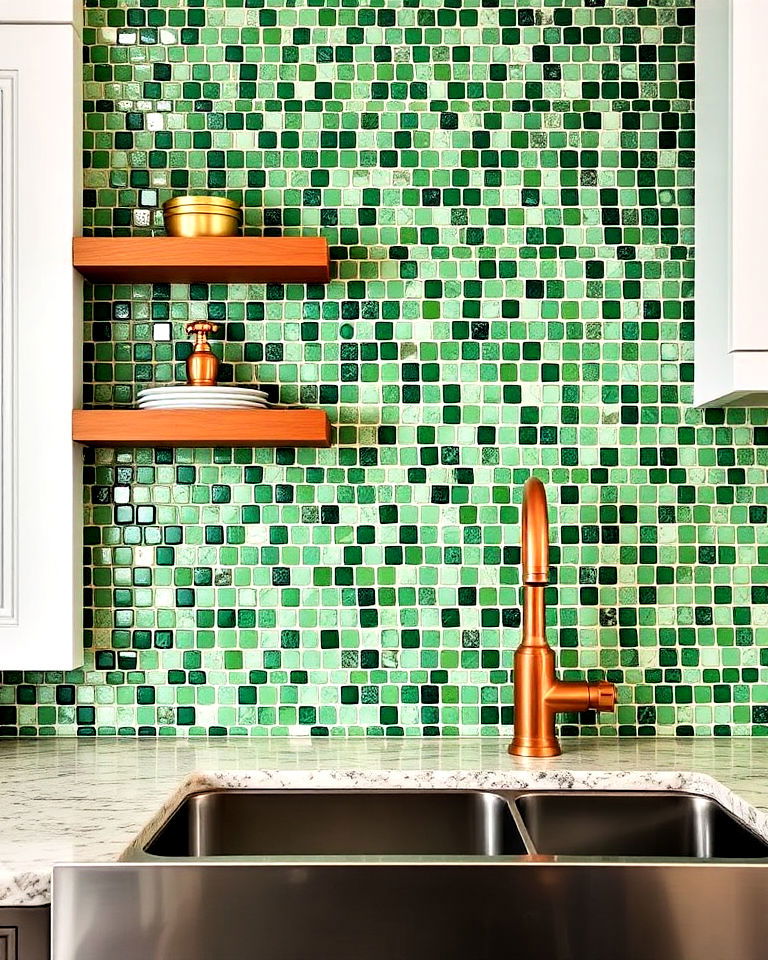 green mosaic tiles with copper fixtures