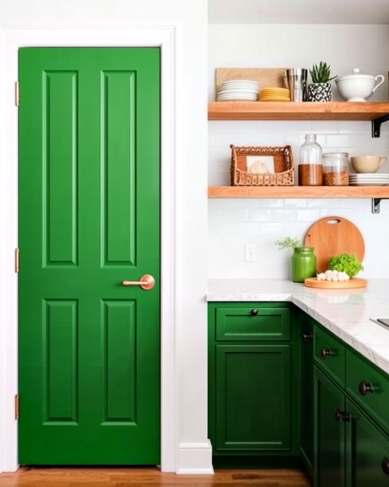 green pantry door with copper handle