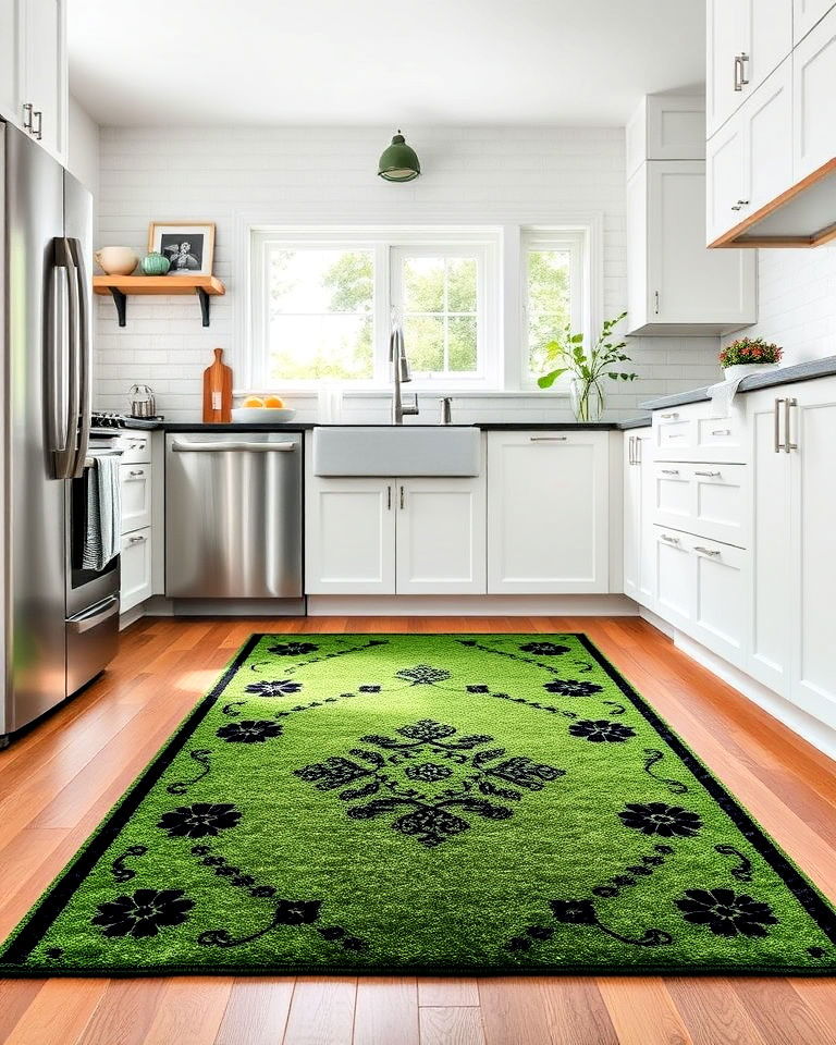 green rugs with black accents for kitchen floor