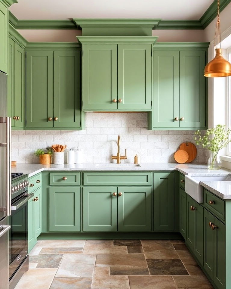 green shaker style kitchen cabinets paired with natural stone flooring