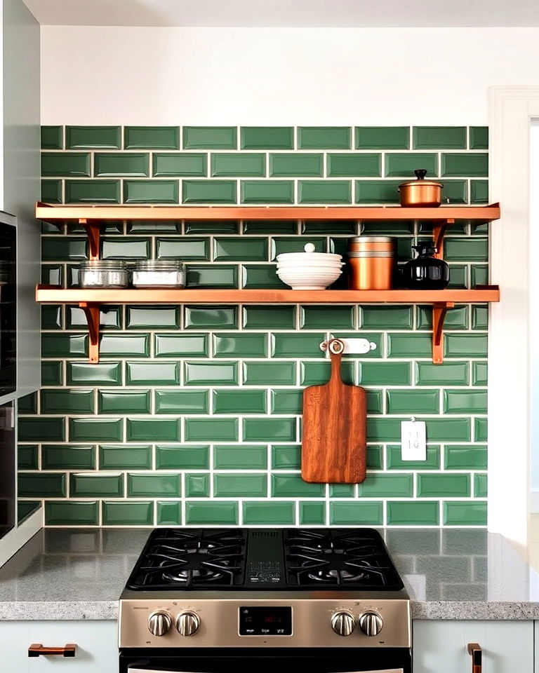 green subway tile backsplash with copper shelving