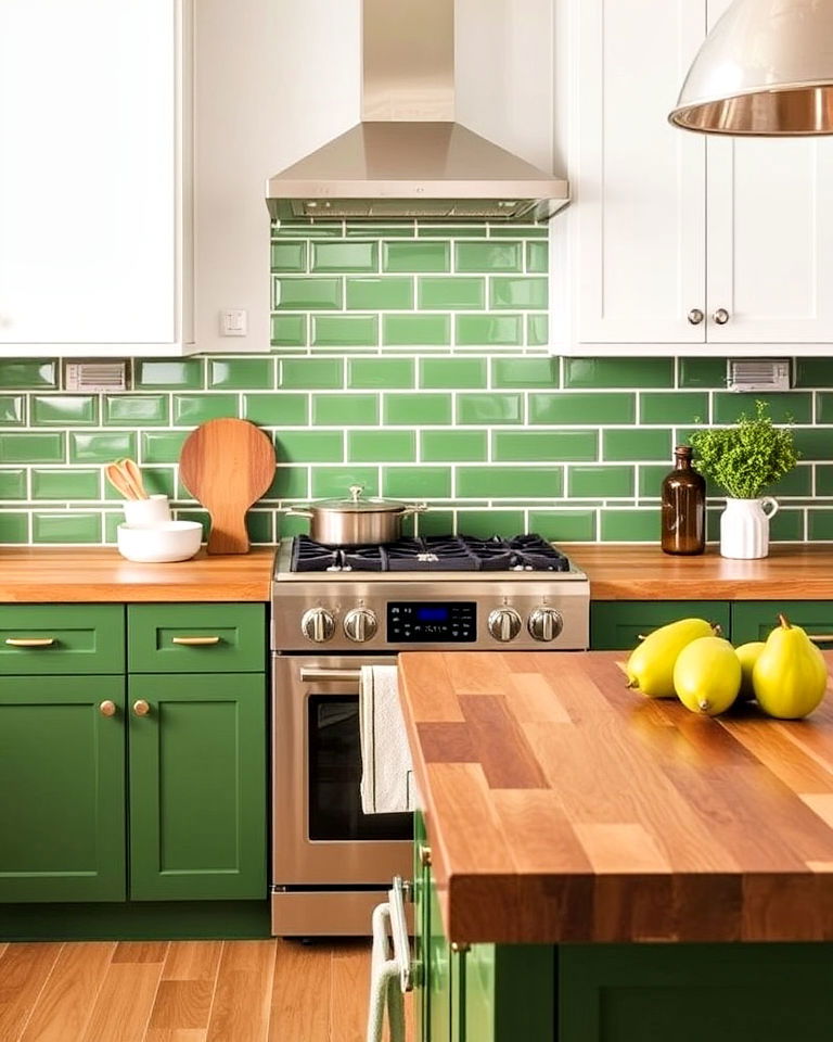 green subway tiles and butcher block countertops for kitchen