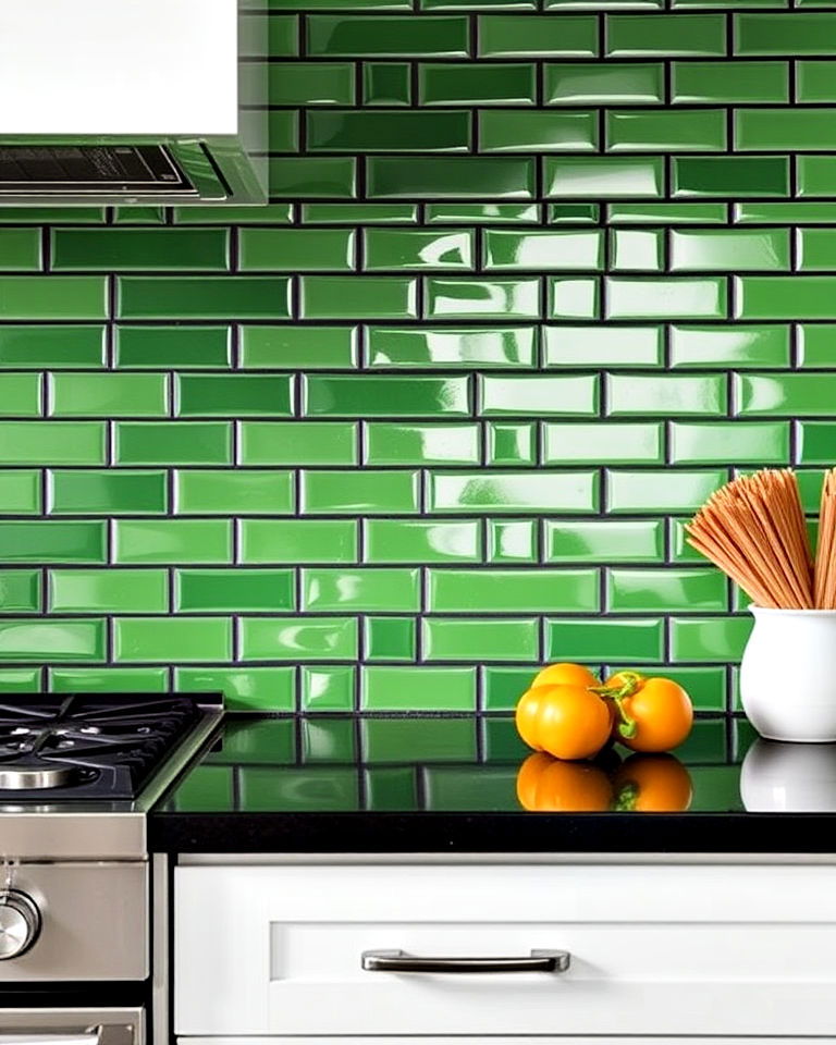 green subway tiles with black grout for kitchen