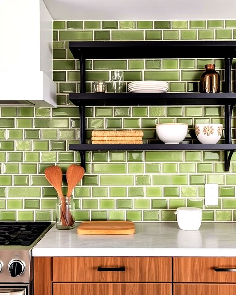 green tile backsplash with black shelving for kitchen