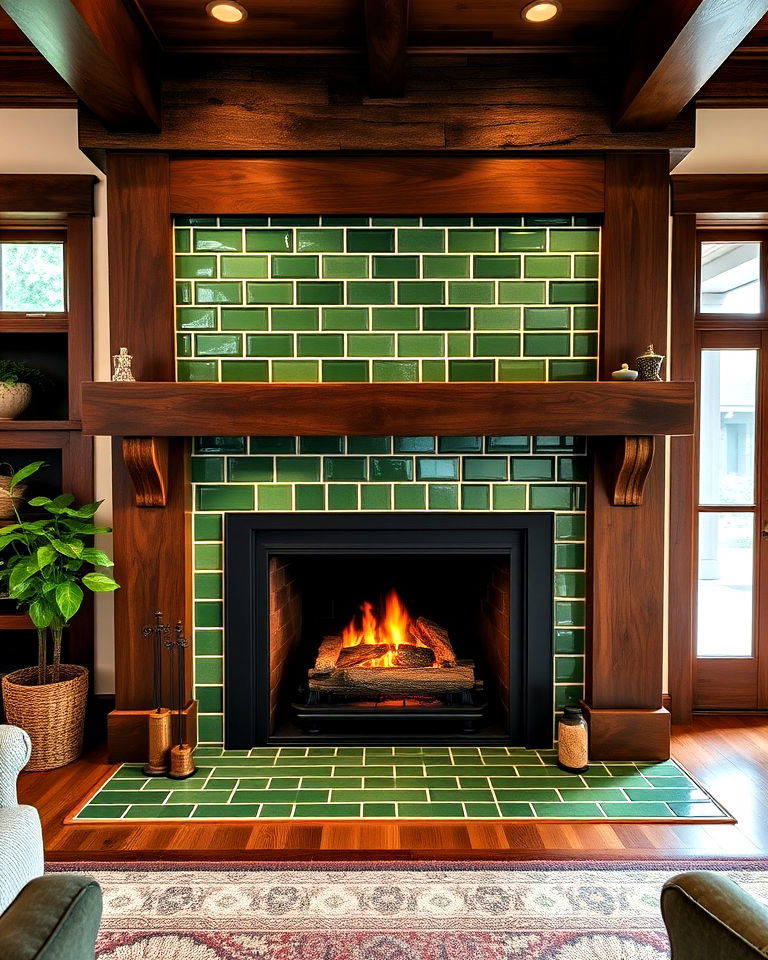 green tile craftsman fireplace