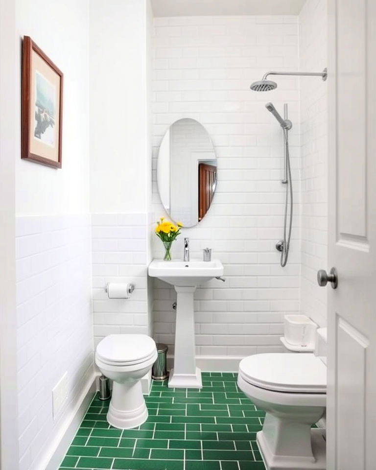 green tiled floor with white walls