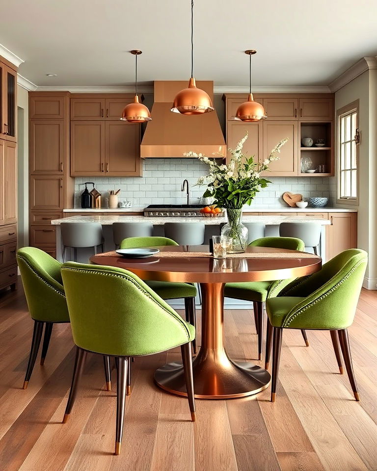 green upholstered chairs with copper dining table