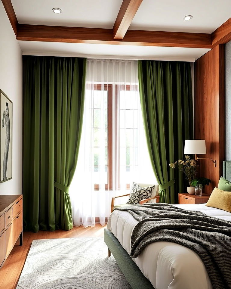 green velvet bedroom curtains with wooden accents