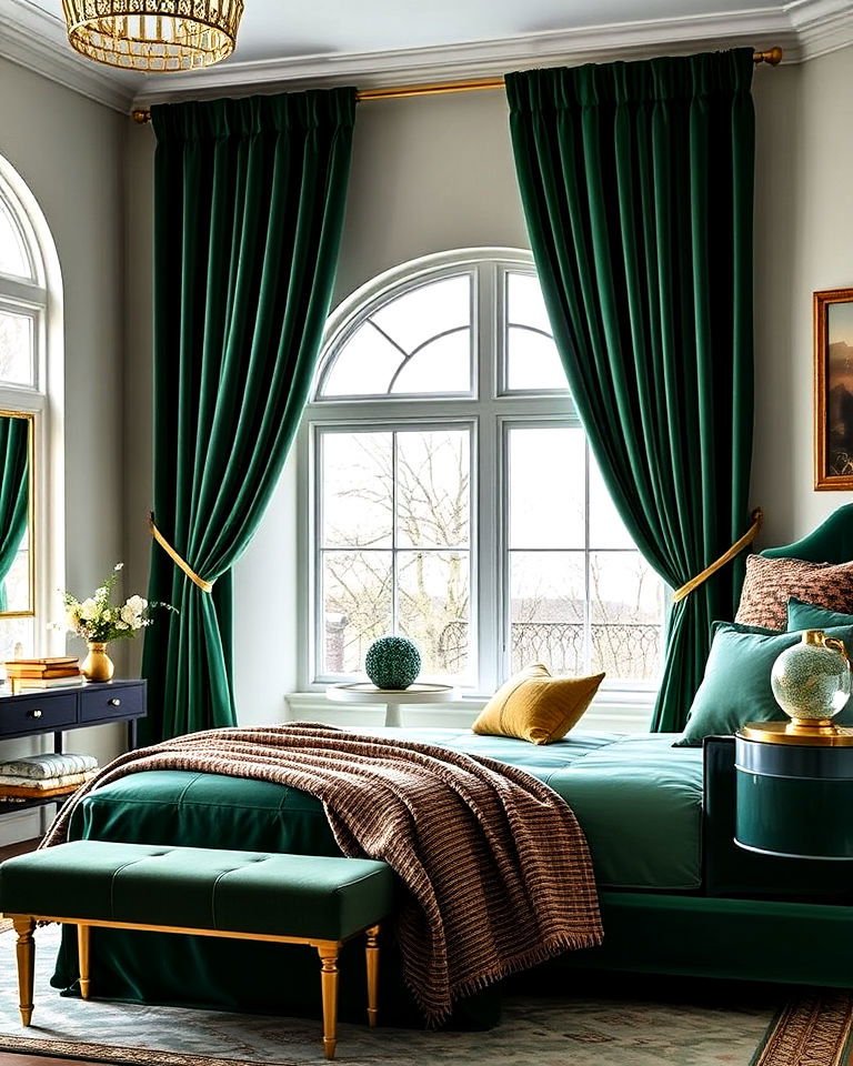 green velvet curtains with gold tiebacks