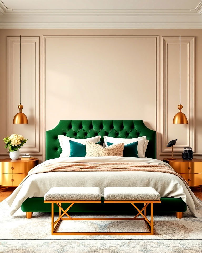 green velvet headboard with beige walls