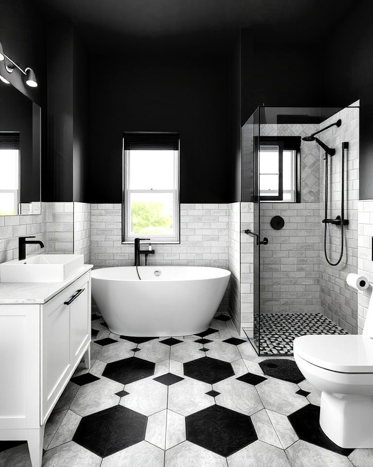 grey and black geometric tile flooring for bathroom