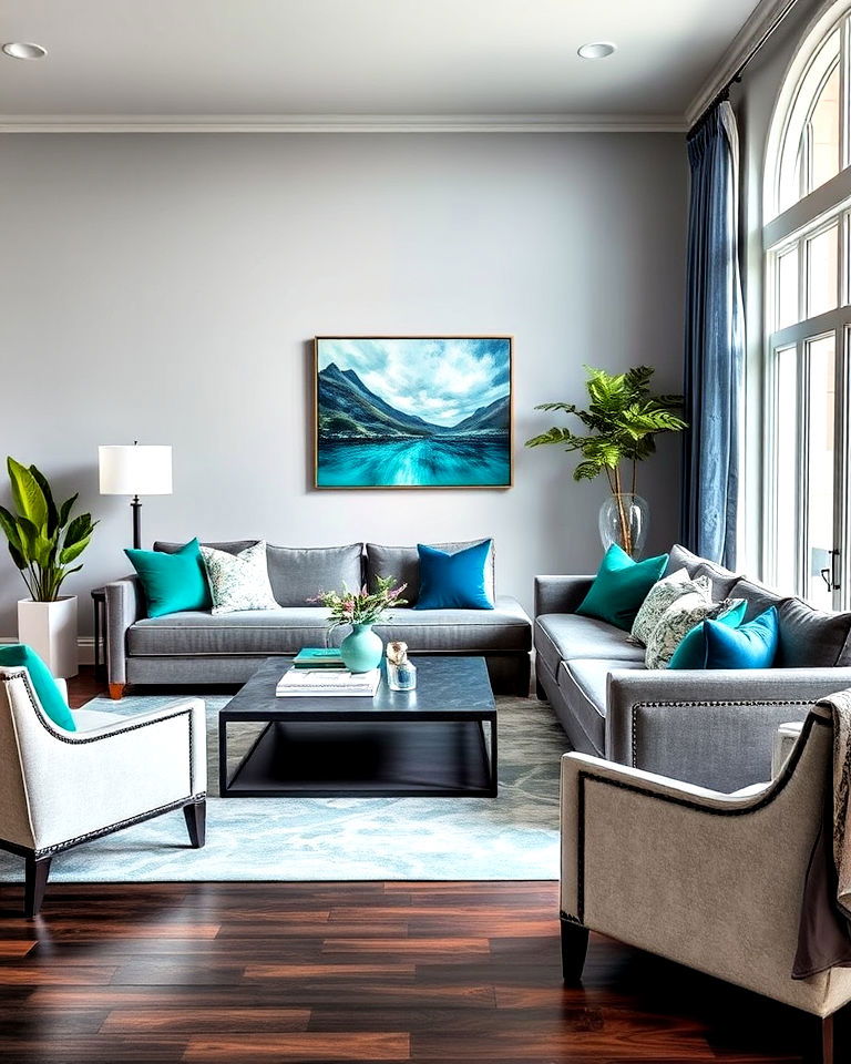 grey and jewel toned living room with dark wood floor