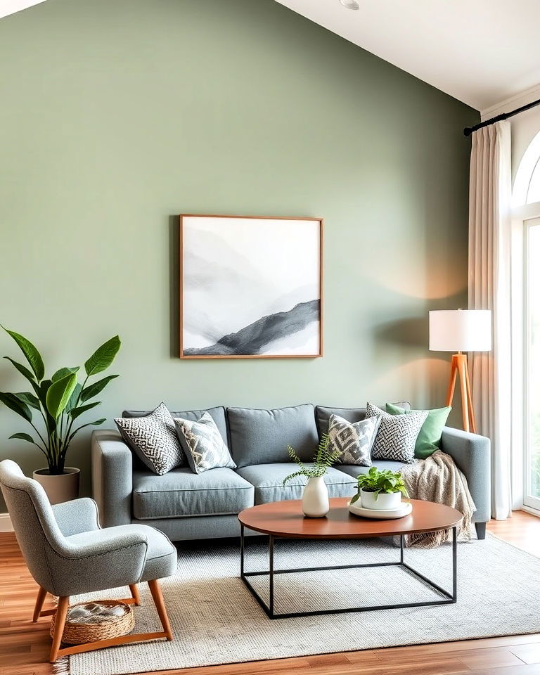 grey and sage green accent wall in living room