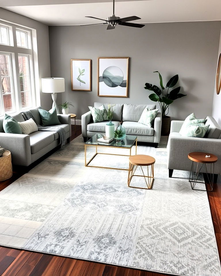 grey and sage green area rug in living room