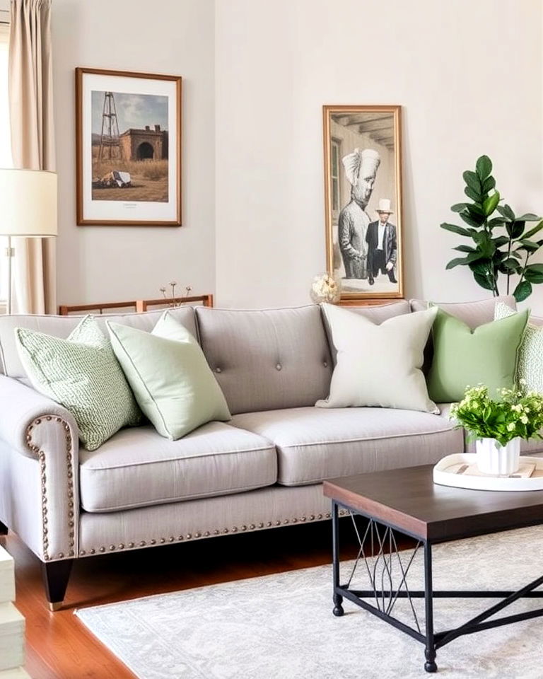 grey and sage green cushions on a neutral sofa