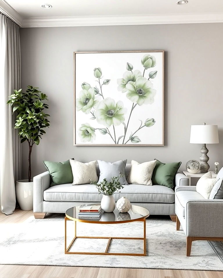 grey and sage green floral artwork in living room