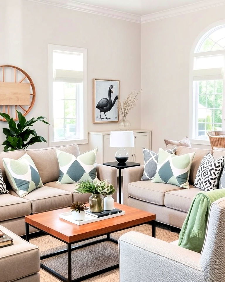 grey and sage green living room geometric pillows