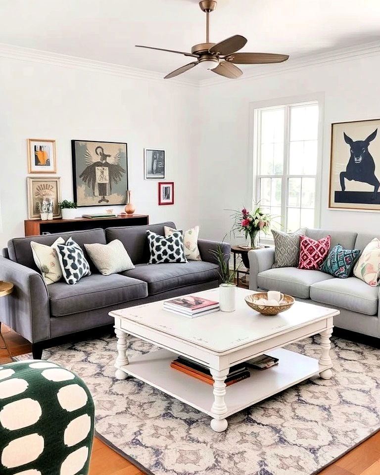 grey and white living room with an eclectic decor