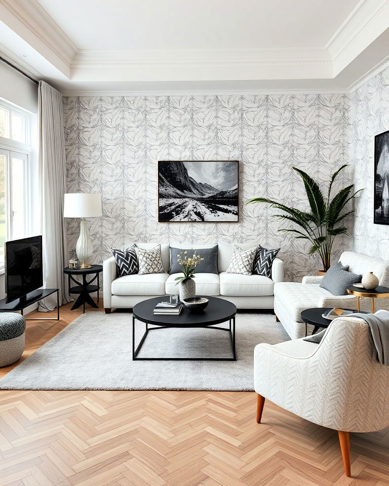 grey and white living room with bold patterns