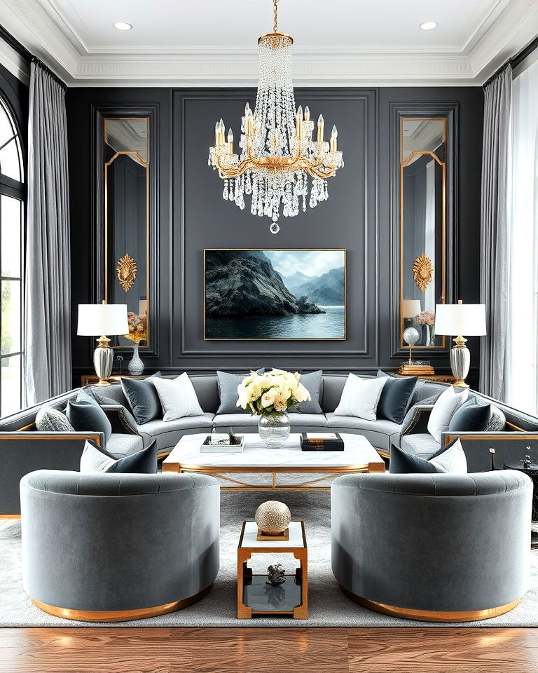 grey and white living room with glam gold accents