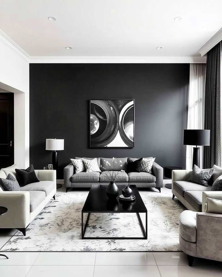 grey and white living room with high contrast accents
