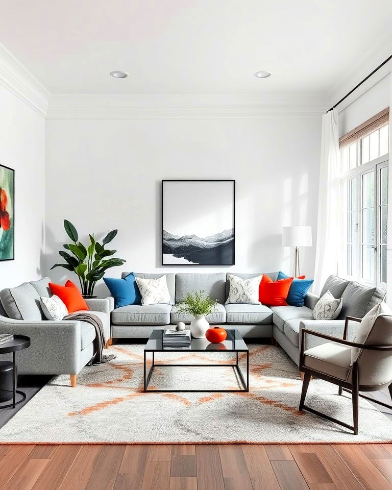 grey and white living room with pops of color
