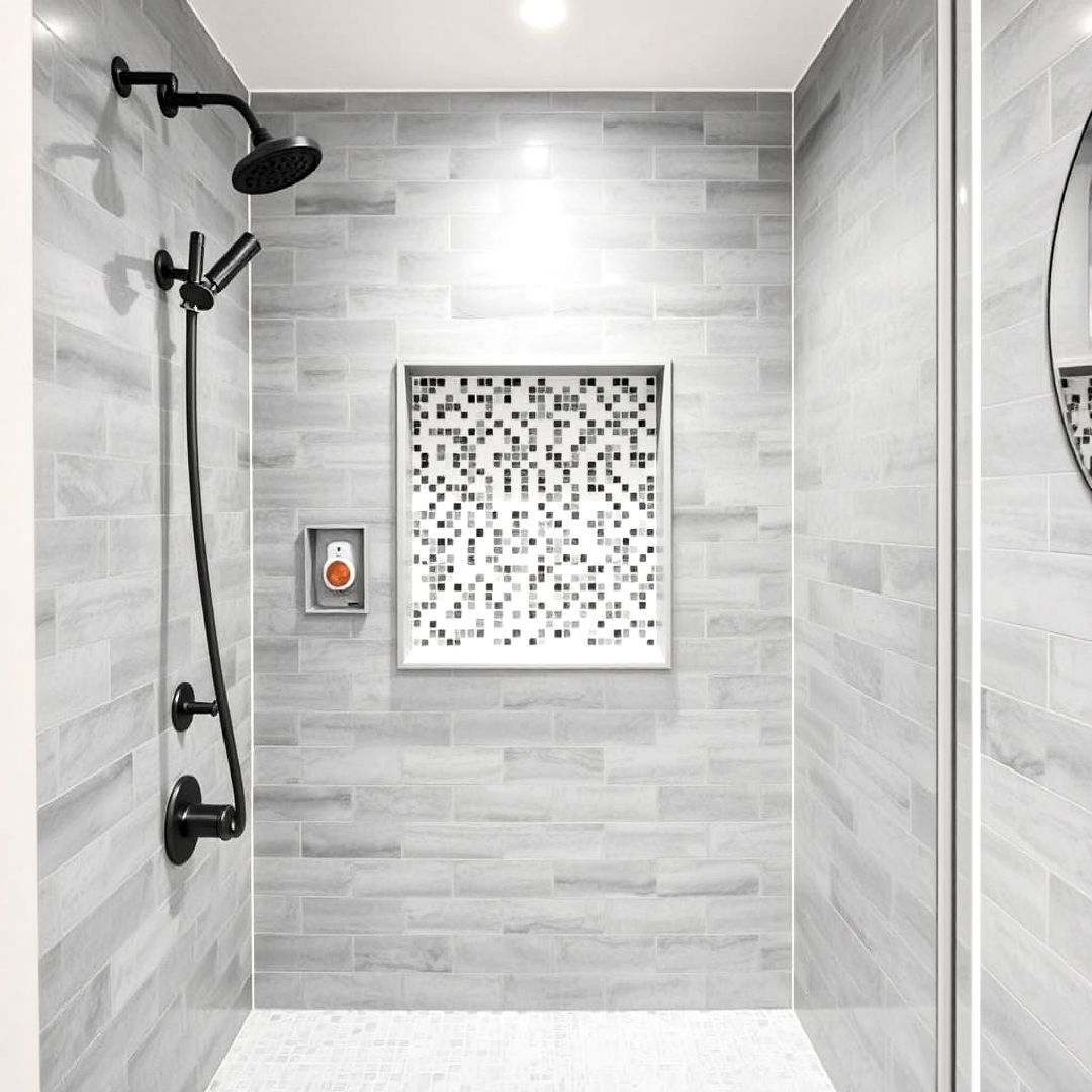 grey and white mosaic shower niche idea