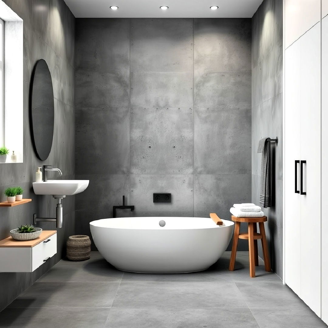 grey bathroom cement walls with white accents