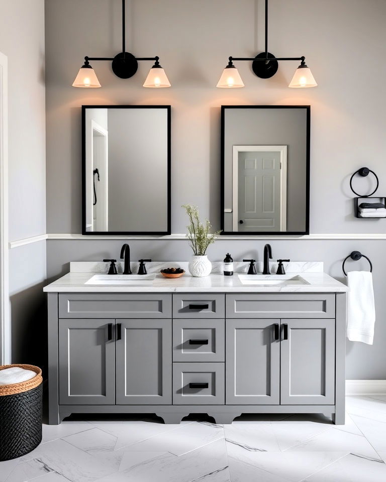 grey bathroom vanity with black hardware