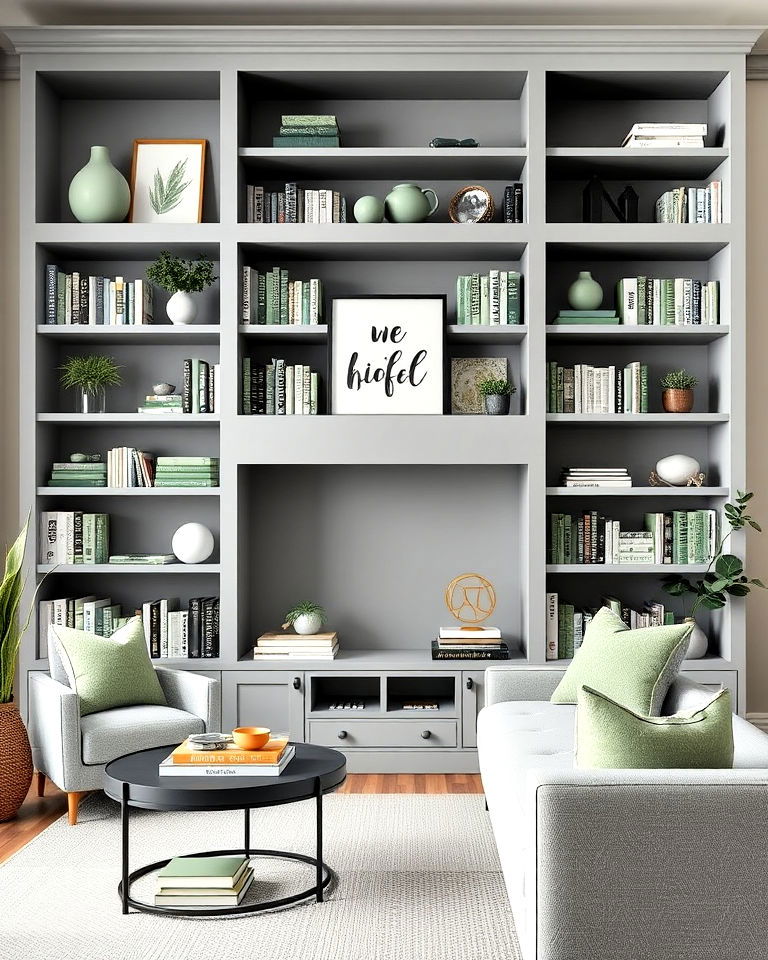 grey bookshelves with sage green books