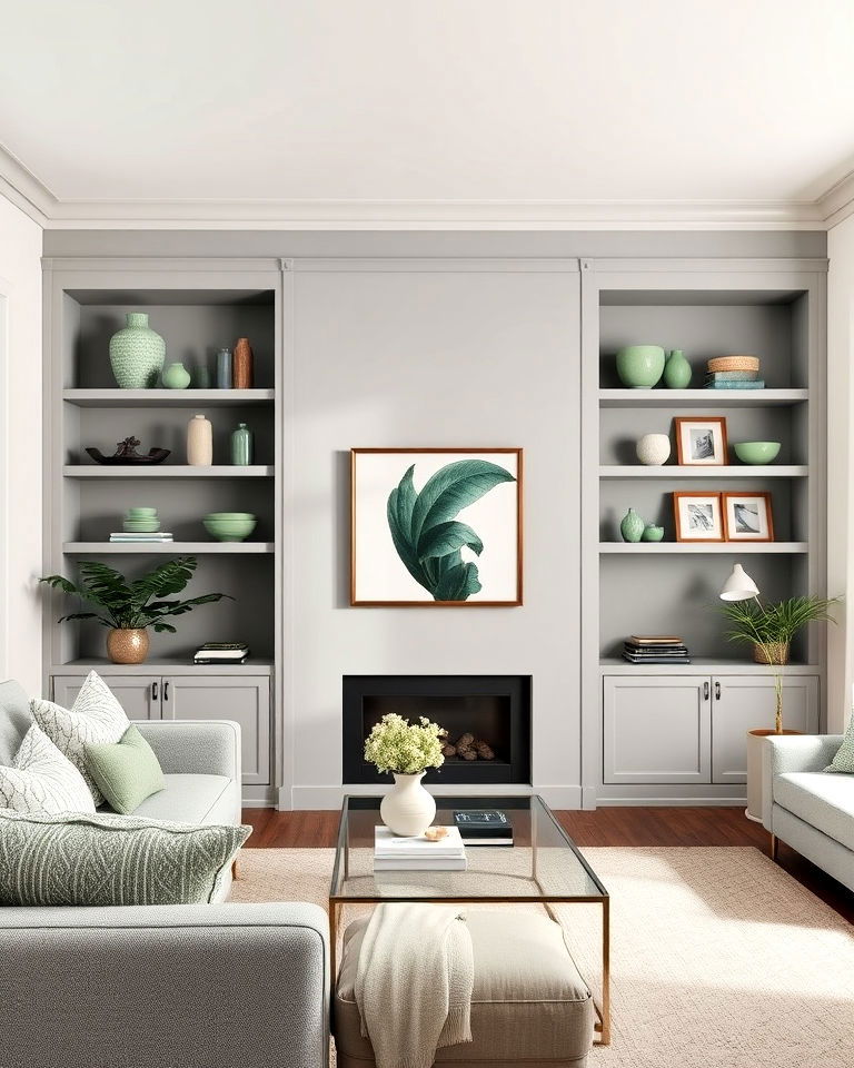 grey built in shelves with sage green decorative items