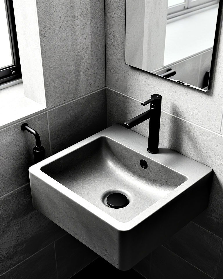 grey cement sink with black faucets