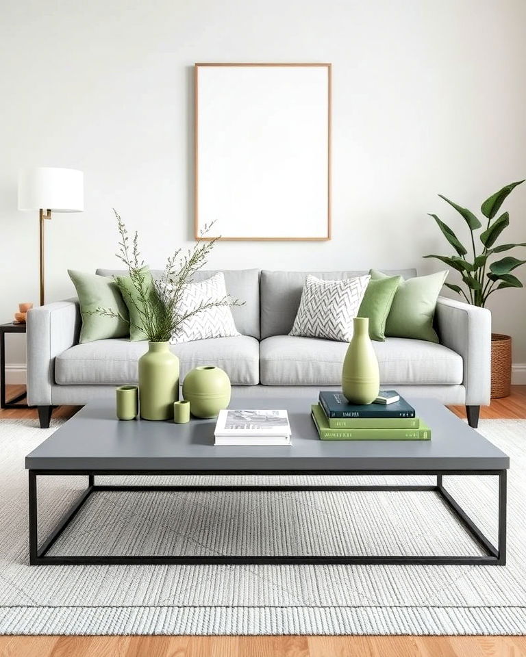 grey coffee table with sage green décor